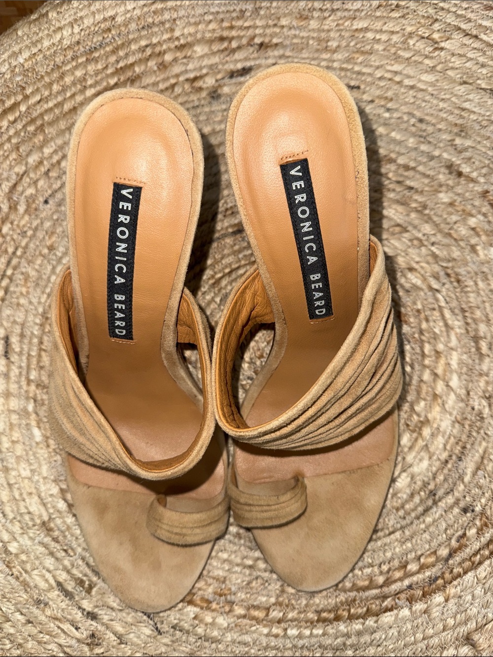 Veronica Beard Suede Tan Ruched Strap High Heel Sandals - Picture 9 of 9